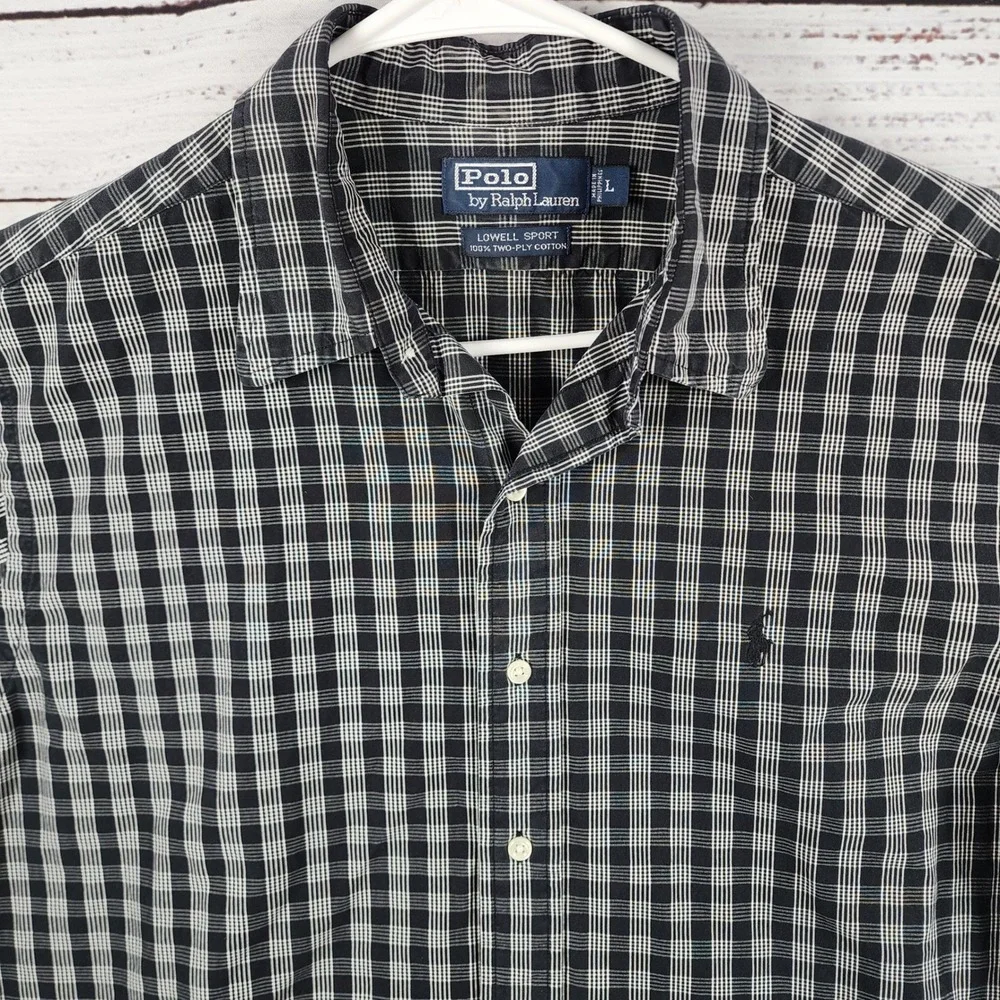 Polo Ralph Lauren Lowell Sport‎ Shirt Large Regular Black White Plaid Cotton LS
